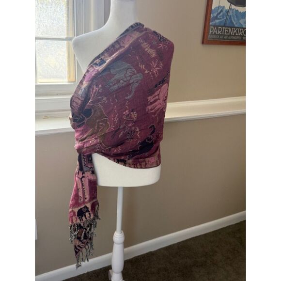 Source Unknown Accessories - 100% Cashmere Scarf Elephant Botanical Jacquard Purple Tan Reversible Fringe